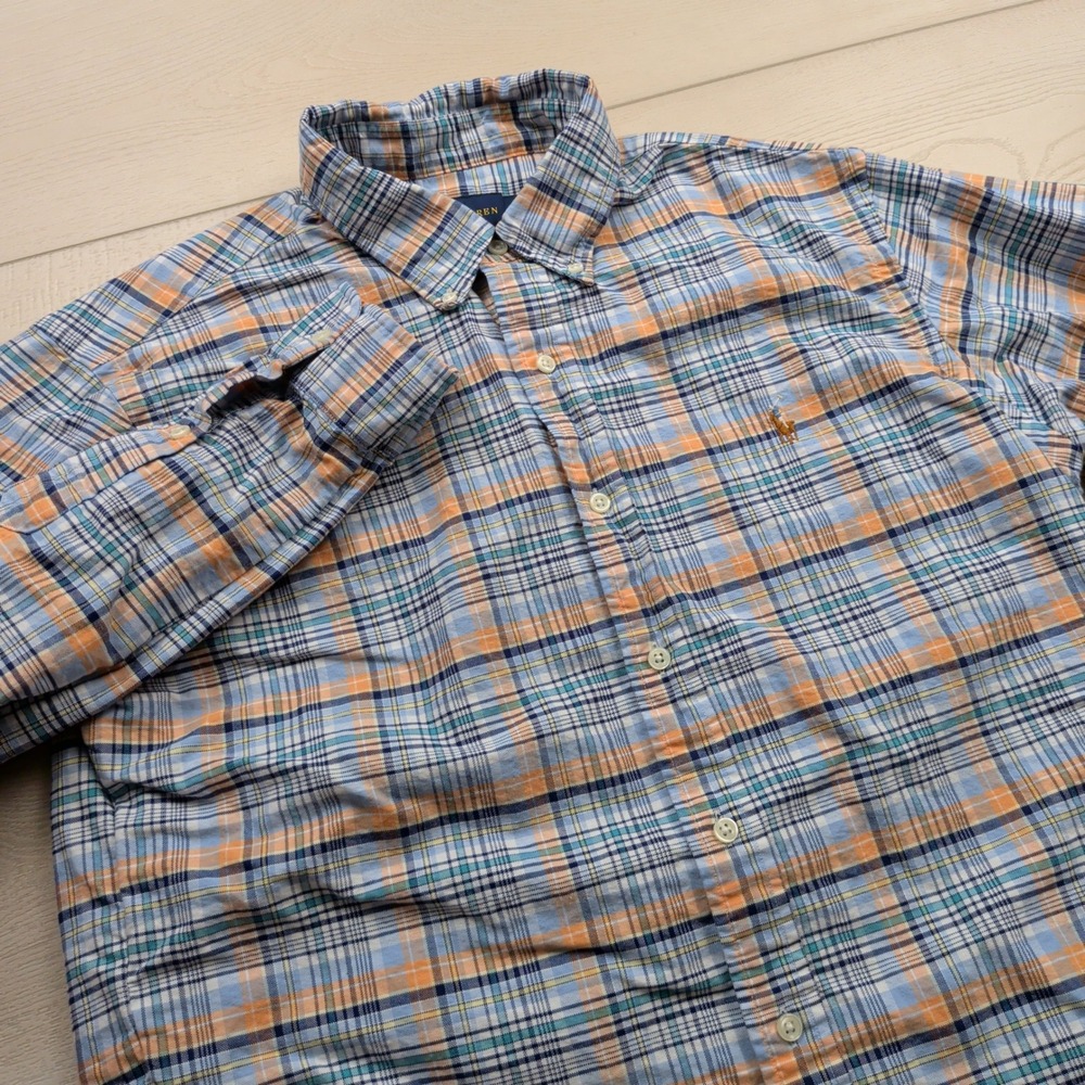 Ralph Lauren Mens Large Blue Orange Plaid Cotton Button Down Shirt Flesh Pony